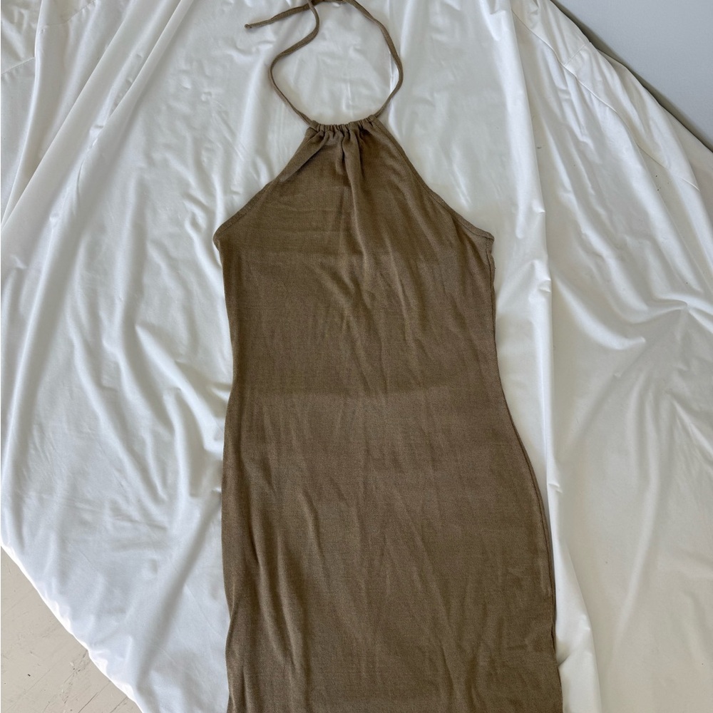 Divided Tan Backless Halter Dress